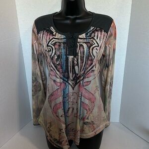 Harley Davidson Eagle Shield All Over Print Long Sleeve Graphic Shirt Size Small